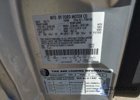 2011 Ford F-150 Xlt из США, поврежденный, VIN 1FTFW1ET6BFC12628